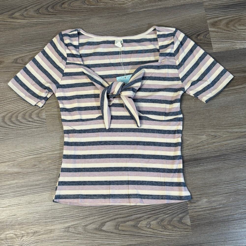 Hayden Los Angeles Women’s Large Striped Tie Front Ribbed Knit Top NWT